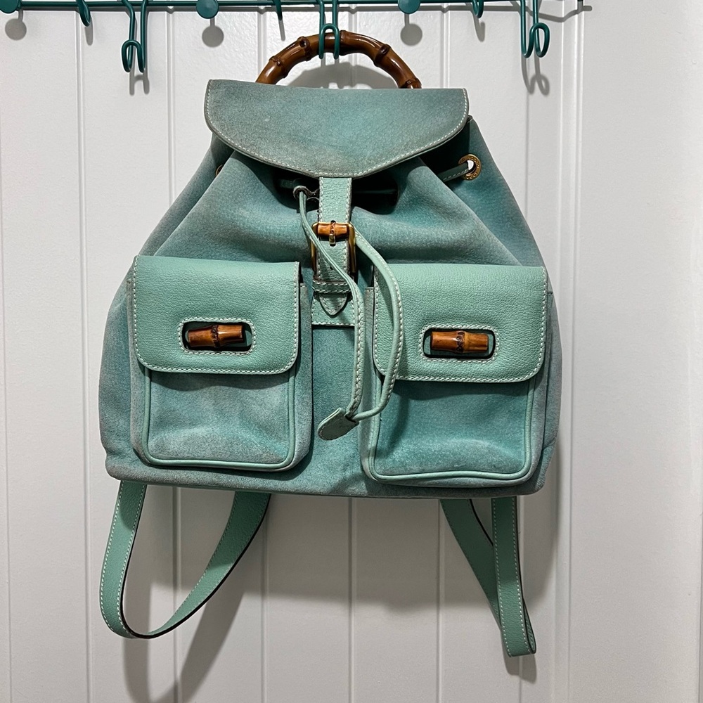 Gucci Bamboo Backpack Suede Mint Teal - Double Pocket Front
